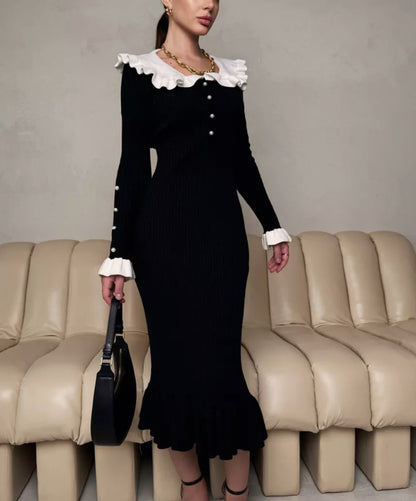 Ruffle Collar Colorblock Knit Bodycon Midi Dress Long Sleeve