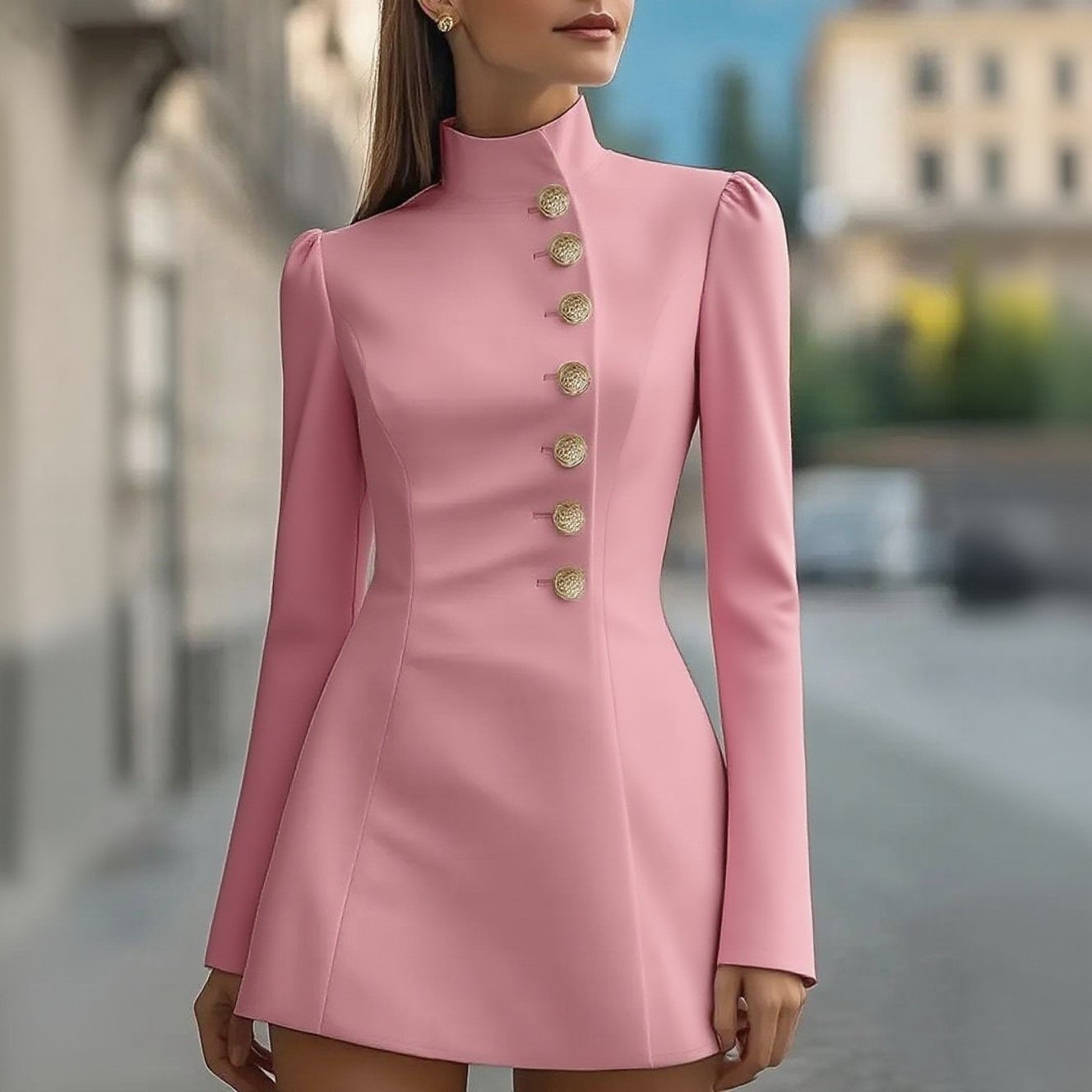 Elegant High Neck Button Front Long Sleeve Mini Dress