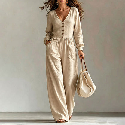 Women's V-Neck Button Front Wide Leg Long Sleeve Jumpsuit