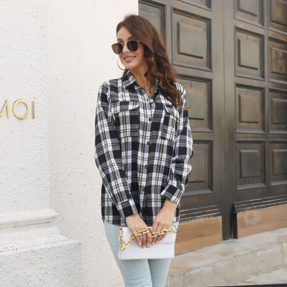 Women's Oversized Plaid Shacket Button Down with Pockets