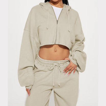 Women's Two Piece Crop Zip Hoodie Wide Leg Sweatpants Set