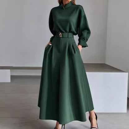 Women's Belted Long Sleeve Blouse Maxi Skirt Two Piece Set