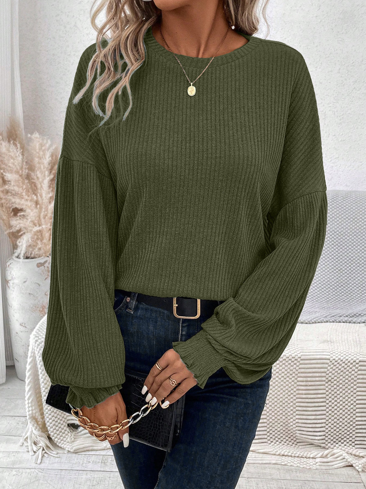 Women's Ribbed Long Sleeve Crew Neck Loose Casual Top