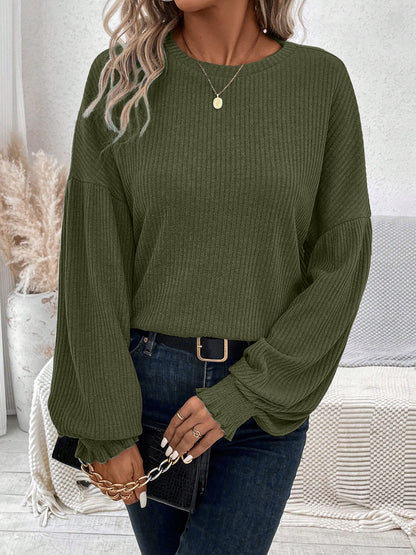 Women's Ribbed Long Sleeve Crew Neck Loose Casual Top