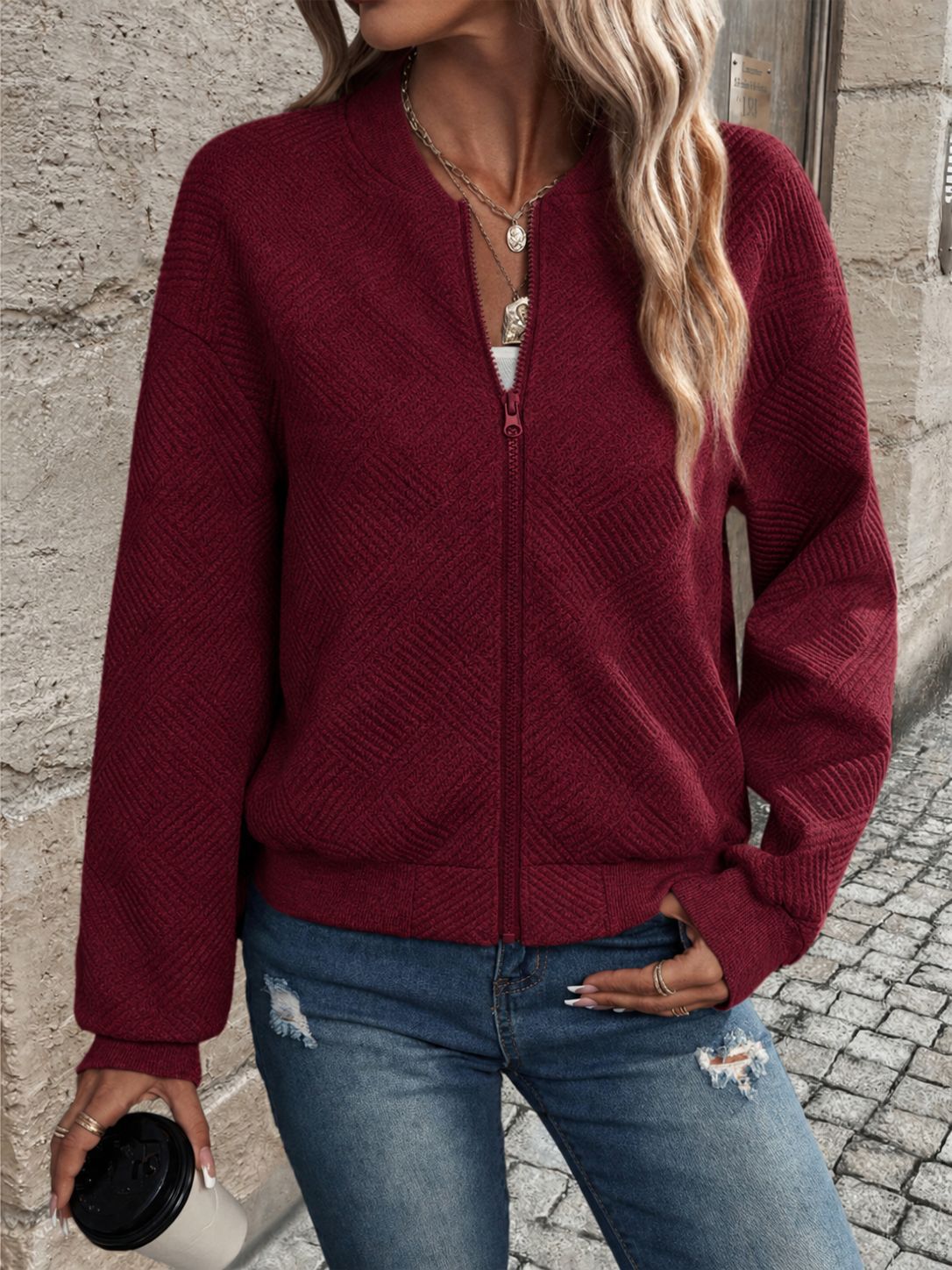 Women's Casual Zip Up Quilted Jacket Long Sleeve