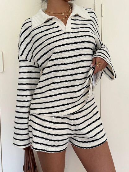 Striped Polo Lounge Set Long Sleeve Top & Shorts Set