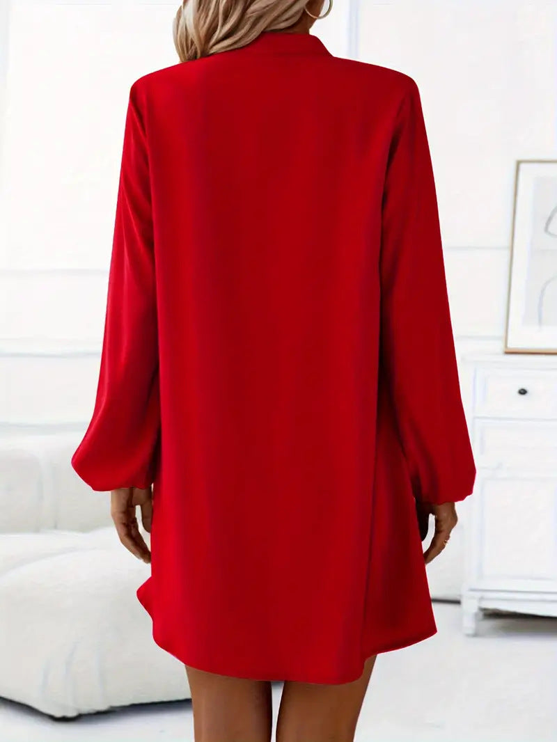 Women's V-Neck Balloon Sleeve Button Down Shirt Dress