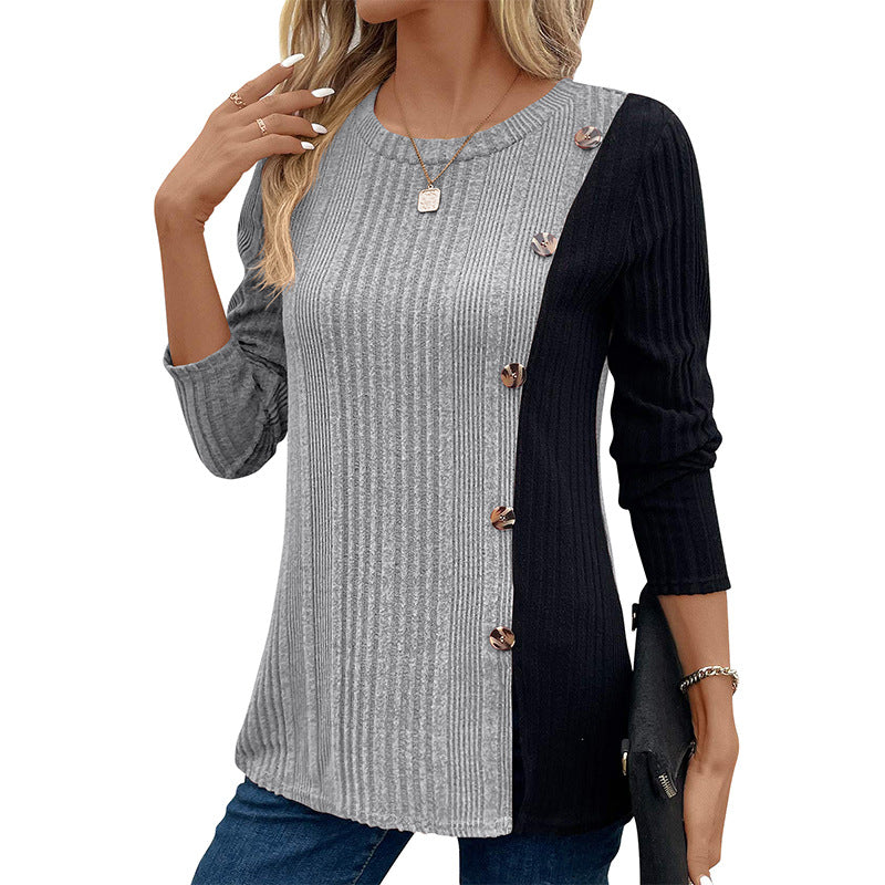Color Block Button Split Top Casual Long Sleeve Cross-Border