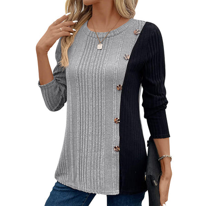 Color Block Button Split Top Casual Long Sleeve Cross-Border