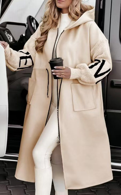 Women's Hooded Long Patchwork Knit Sleeve Jacket