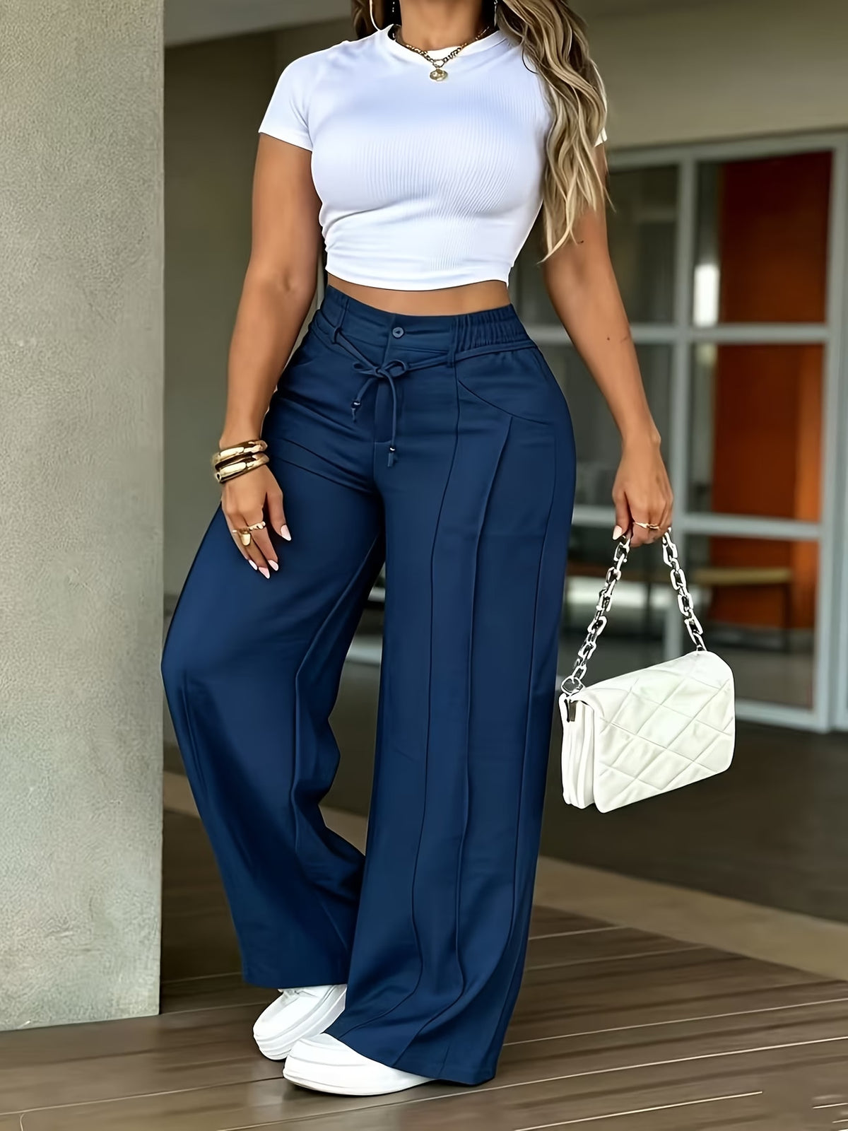 Women's High Waist Cargo Wide Leg Pants Drawstring