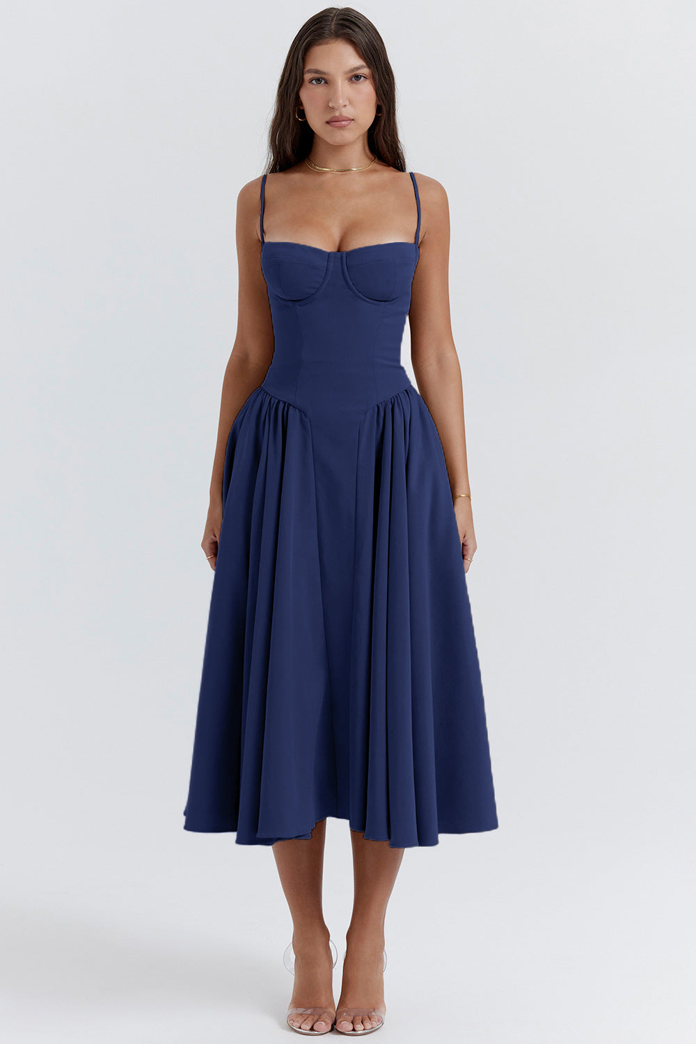 Elegant French Midi Dress Sleeveless Fit Flare Blue