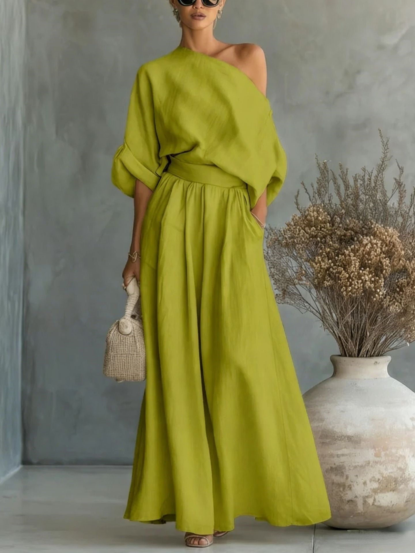 Women's One Shoulder Top Wide Leg Pants Matching Set