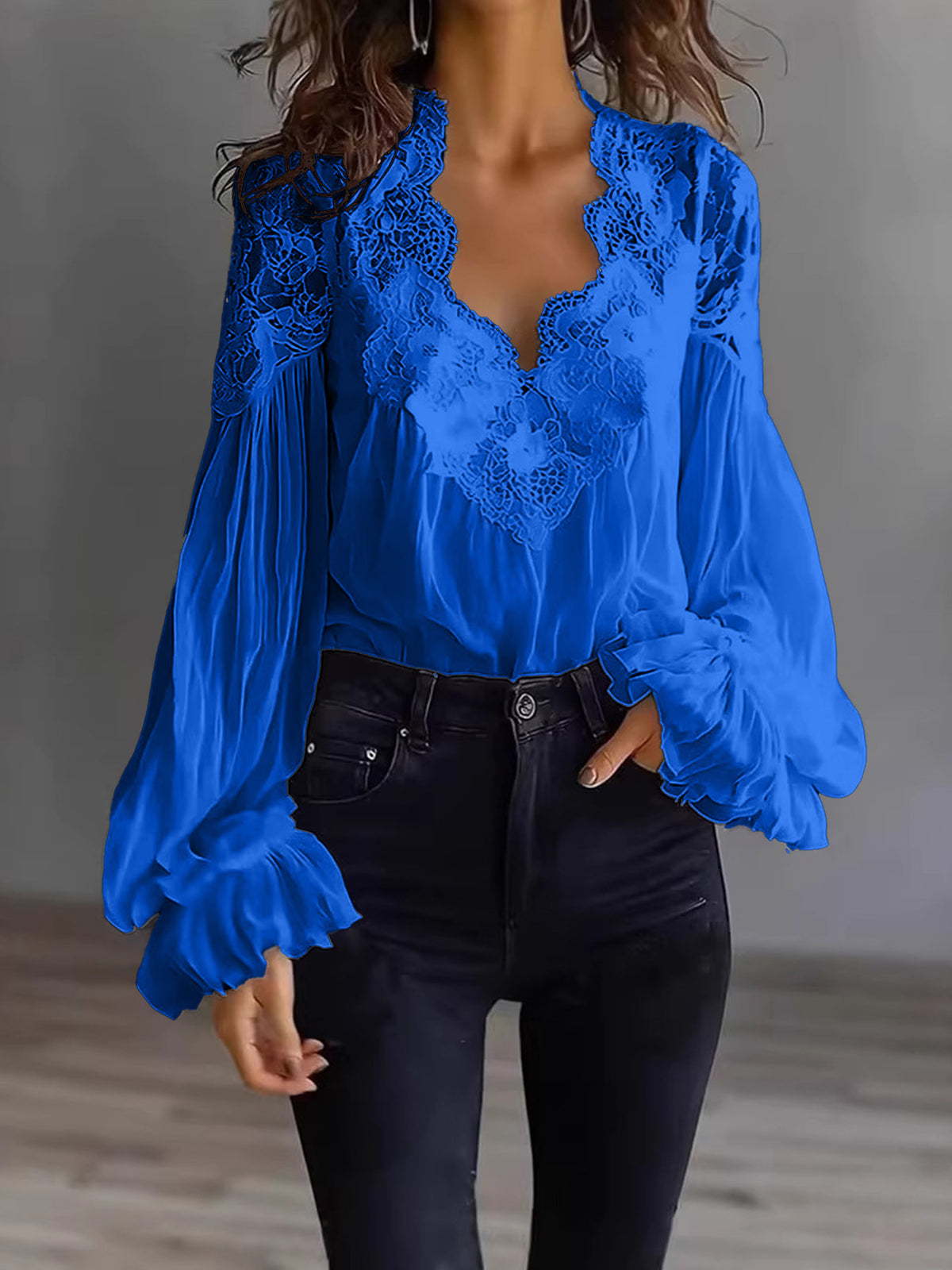 Women's Lace V-Neck Puff Sleeve Pleated Blouse