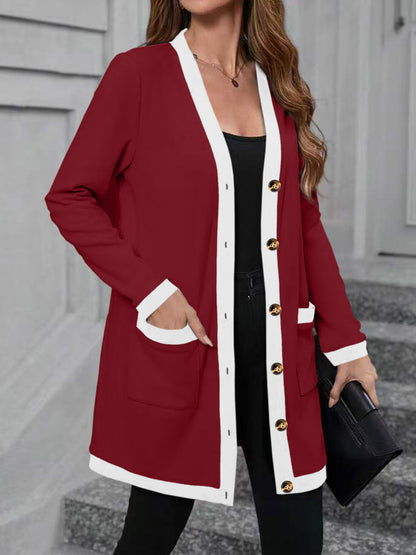 Women's Color Block V-Neck Button Front Long Cardigan