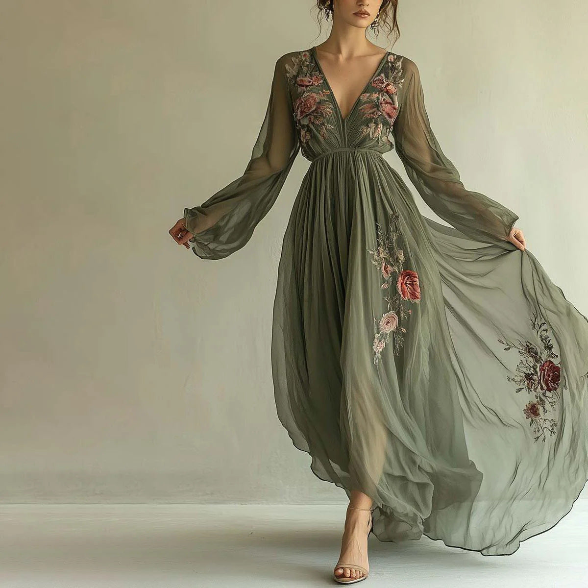 Women's Floral Mesh V-Neck Long Sleeve Maxi Dress