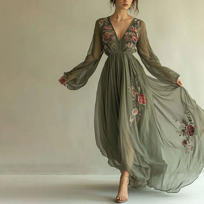 Women's Floral Mesh V-Neck Long Sleeve Maxi Dress