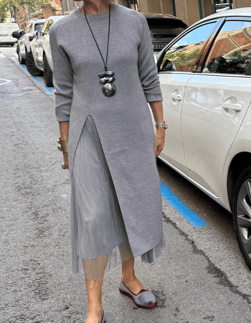 Women's Long Sleeve Sweater Dress Mesh Slit Maxi