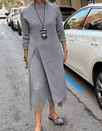 Women's Long Sleeve Sweater Dress Mesh Slit Maxi