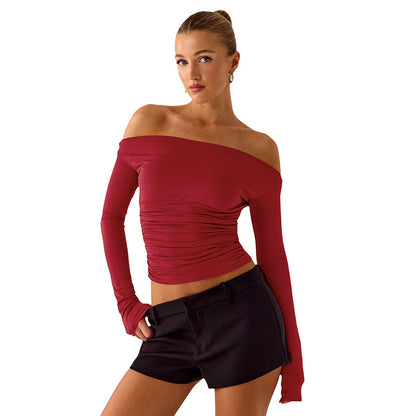Women's Off Shoulder Ruched Long Sleeve Fitted Crop Top