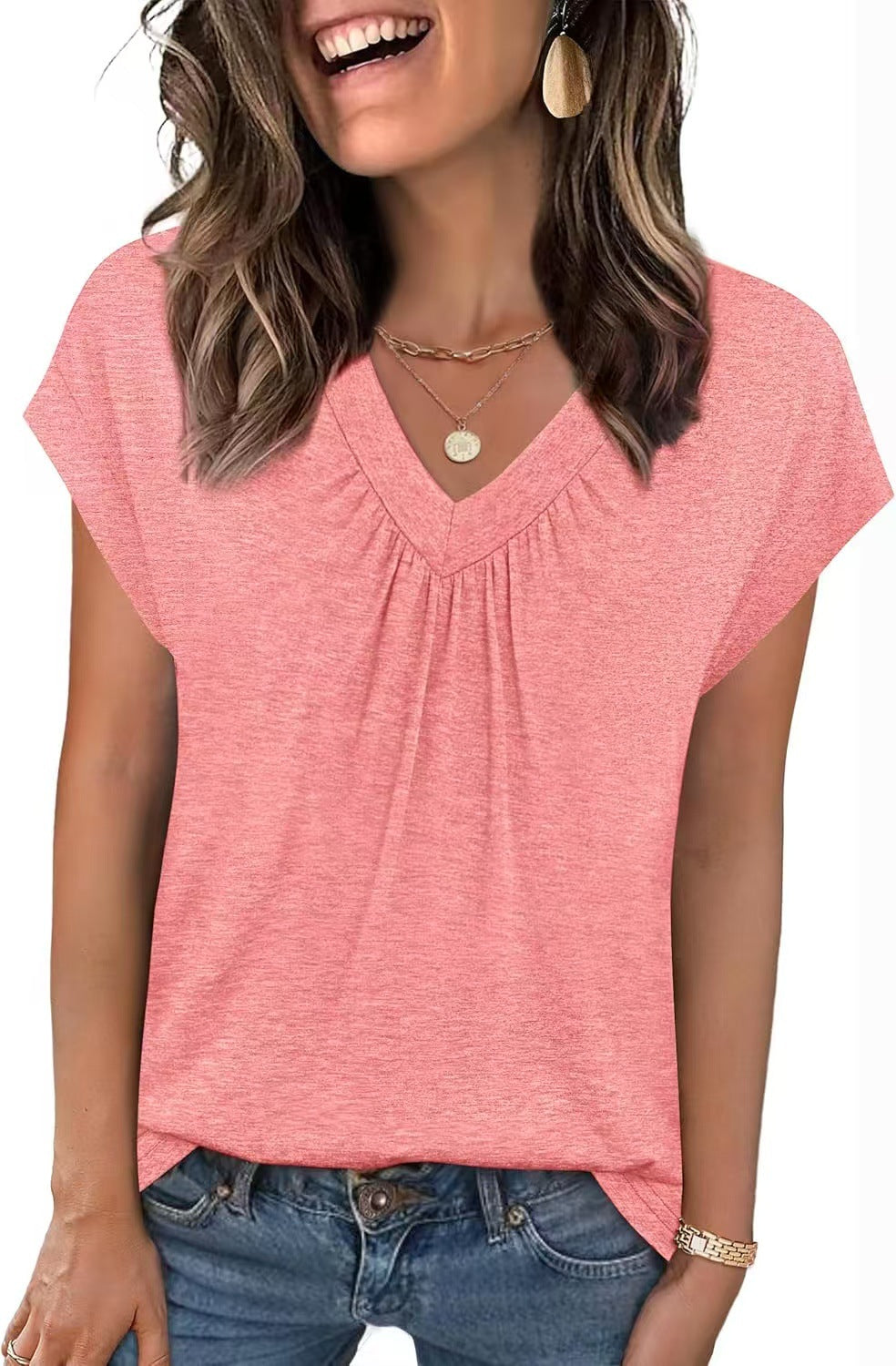 V-Neck Loose Fit Top – Casual Summer Short Sleeve Tee