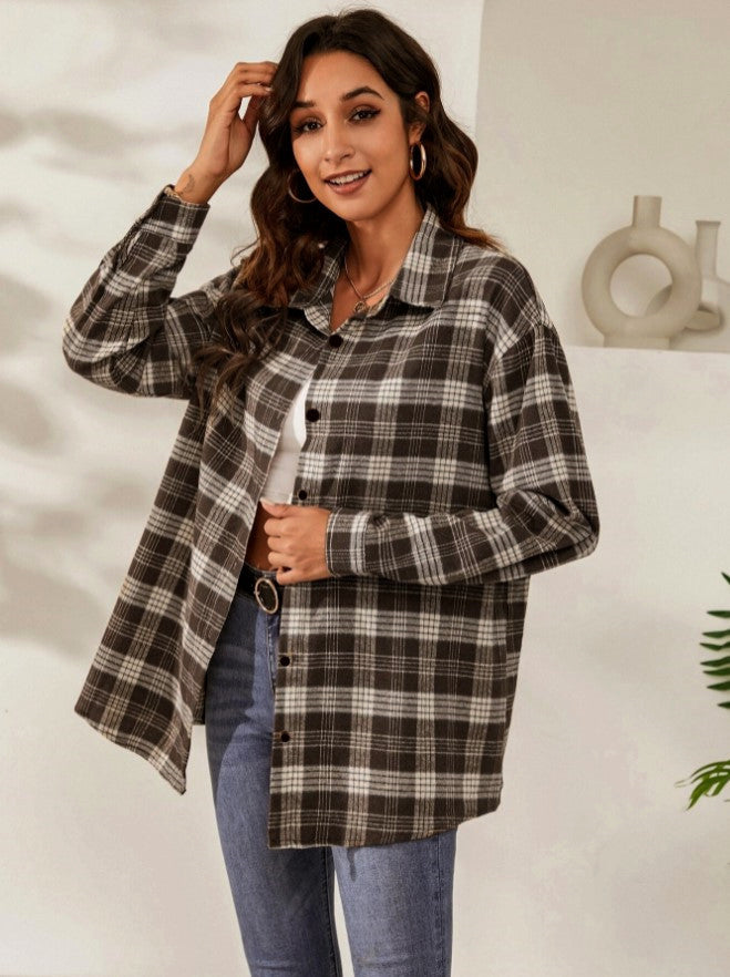 Women's Oversized Plaid Shacket Button Down Shirt Jacket