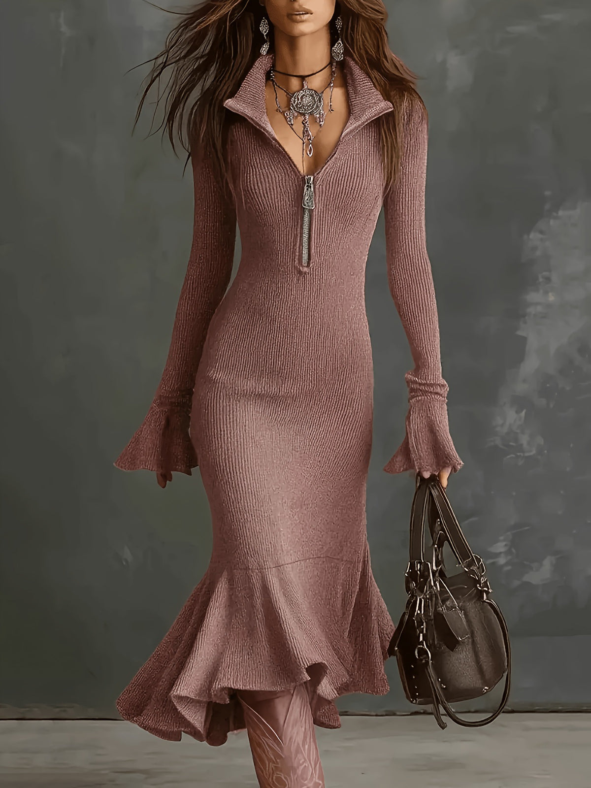 Sexy Zip Front Bell Sleeve Bodycon Mermaid Dress