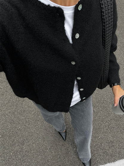 Oversized Fuzzy Button Up Crew Neck Cardigan Sweater