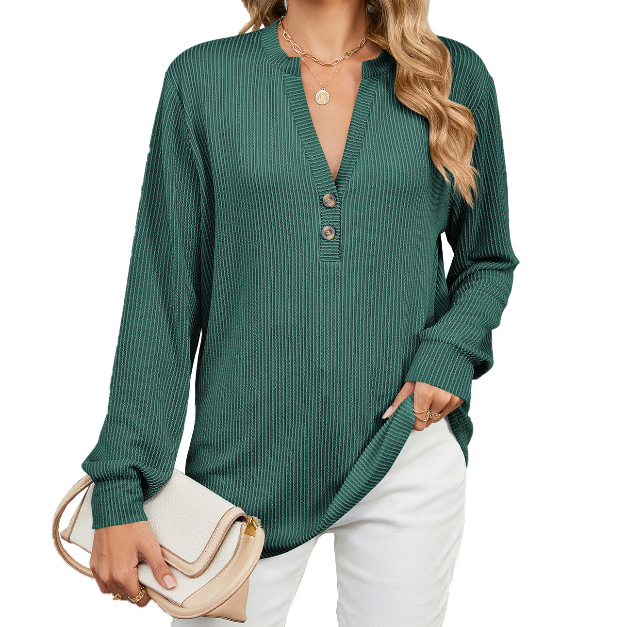 Women's Oversized Ribbed V Neck Button Long Sleeve Top