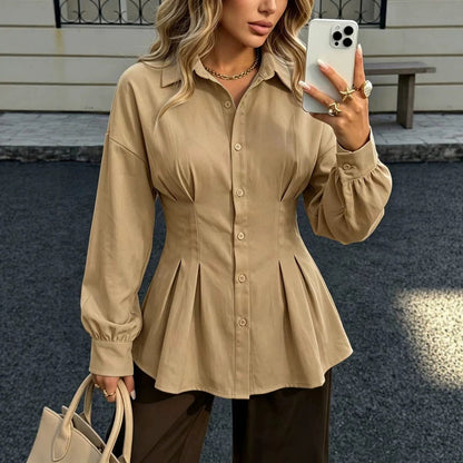 Women's Cotton Peplum Blouse Pleated Button Down Shirt