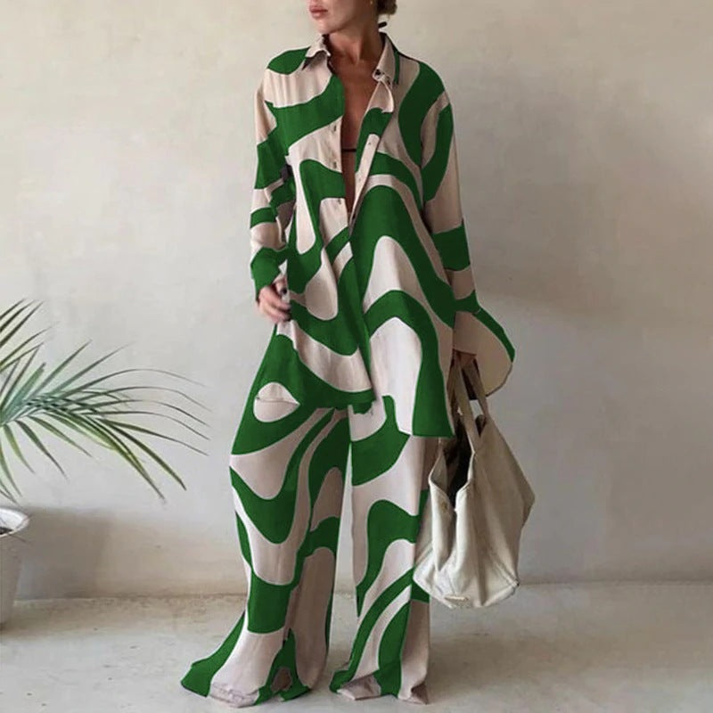Matching Set Abstract Print Oversized Shirt Wide Leg Pants