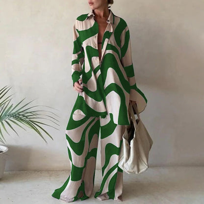 Matching Set Abstract Print Oversized Shirt Wide Leg Pants
