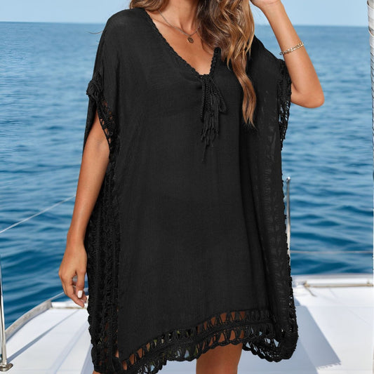 Crochet Tie-Front Beach Cover Up Loose Mini Dress
