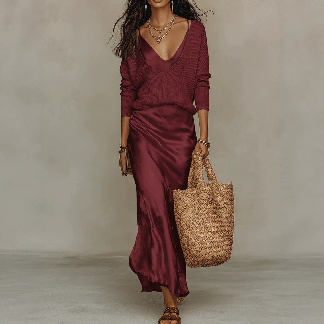 Women's Two Piece Satin Dress and Knit Top Set