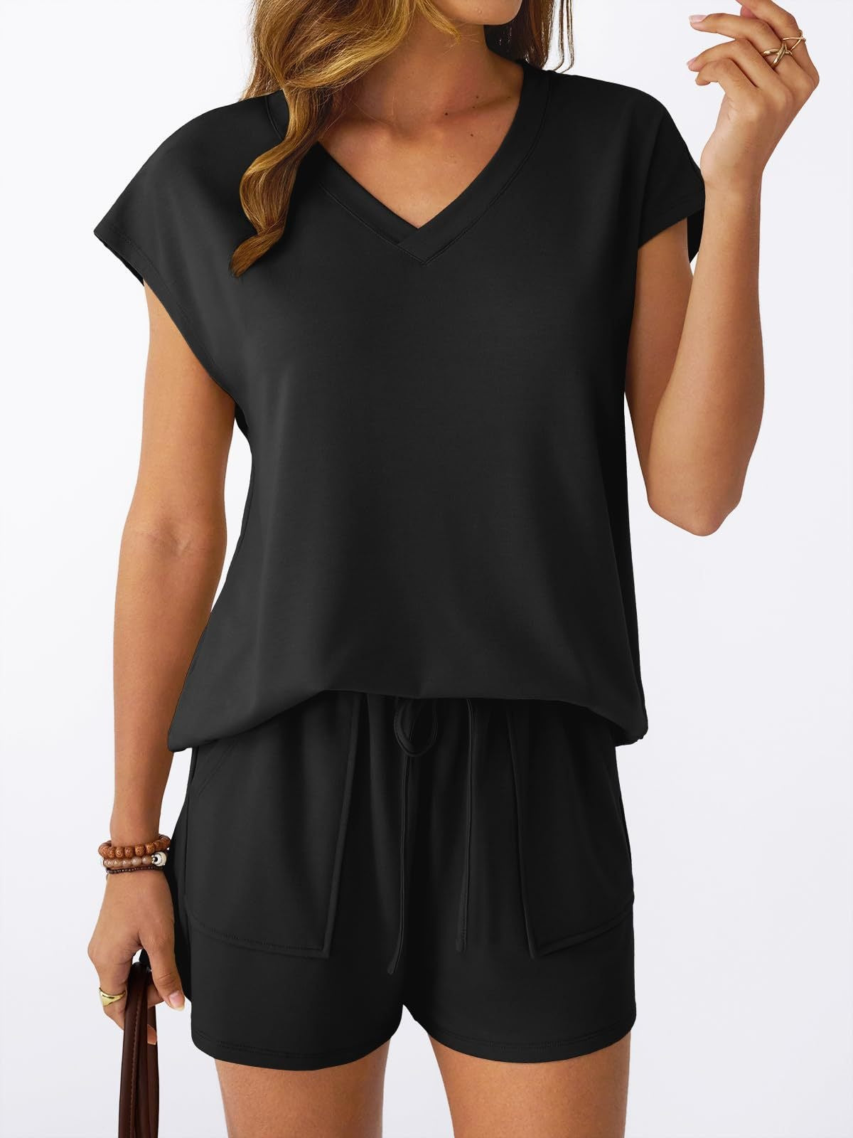 V Neck Casual Lounge Set Short Sleeve Top and Shorts