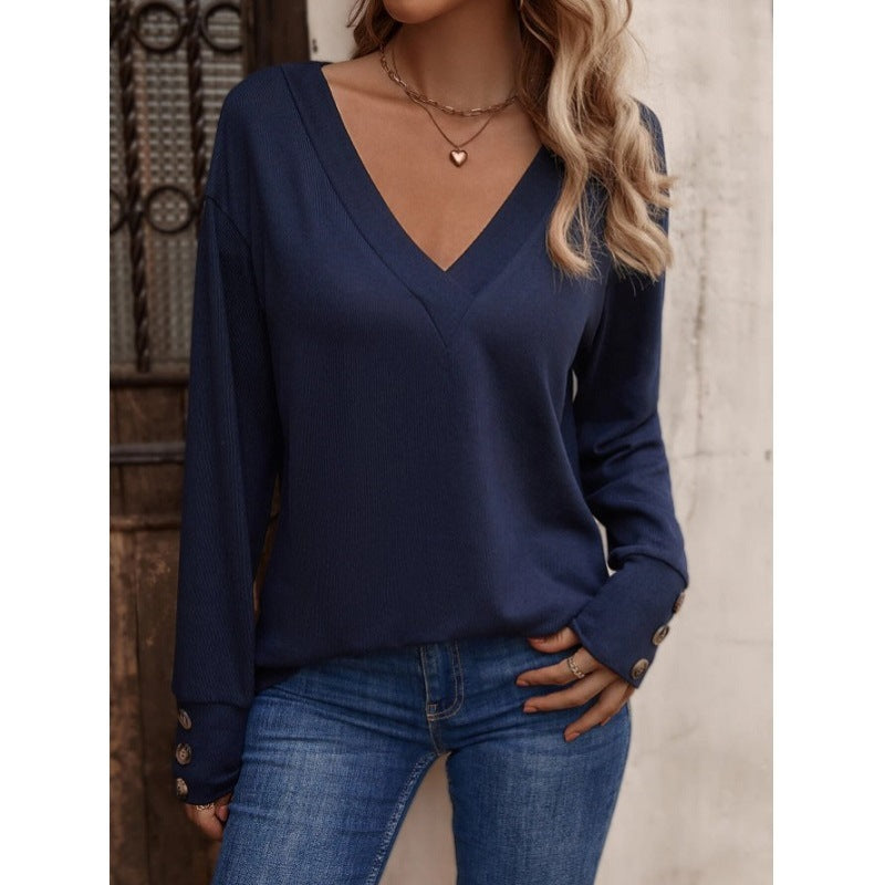 V Neck Button Cuff Long Sleeve Blouse Women Casual Top