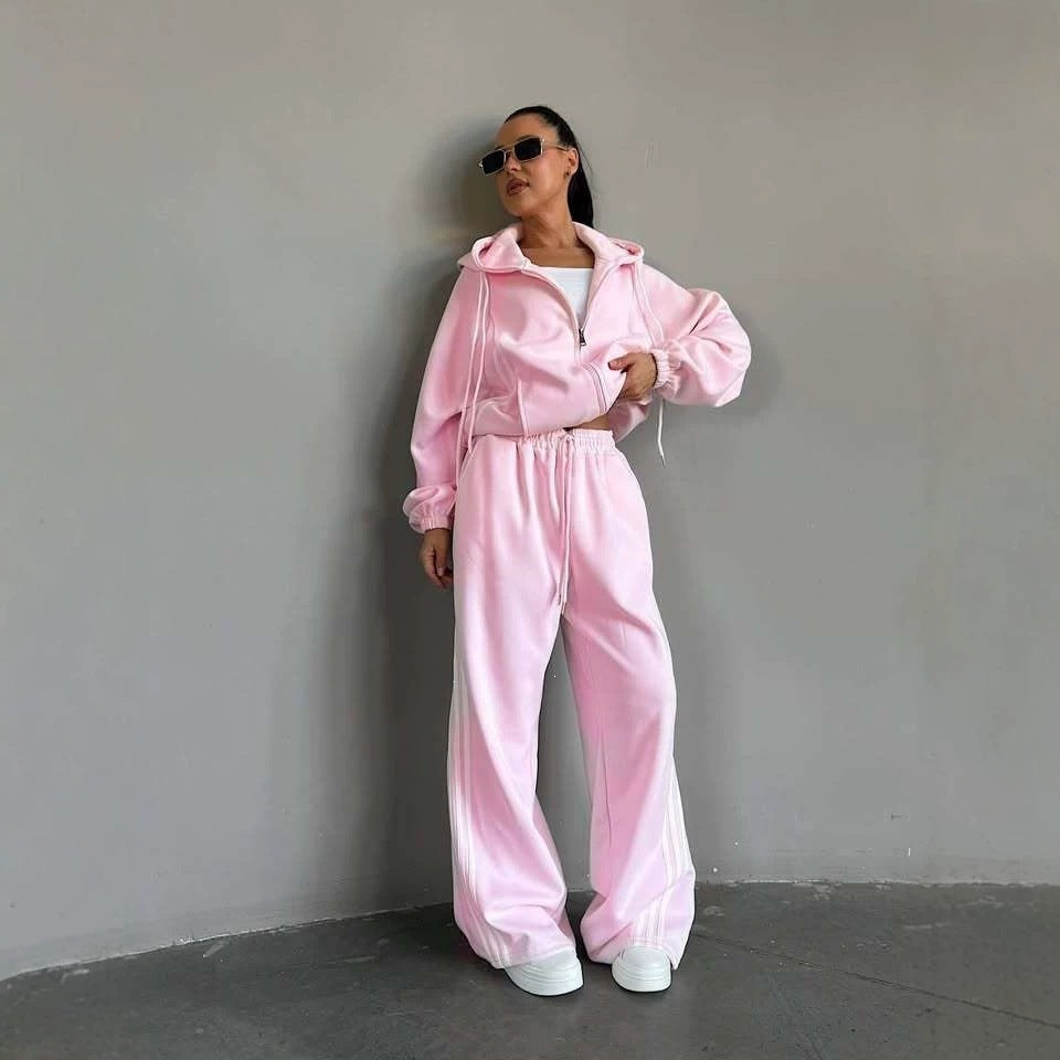 Women's Oversized Side Stripe Zip Hoodie Tracksuit Set