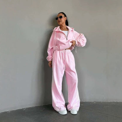 Women's Oversized Side Stripe Zip Hoodie Tracksuit Set