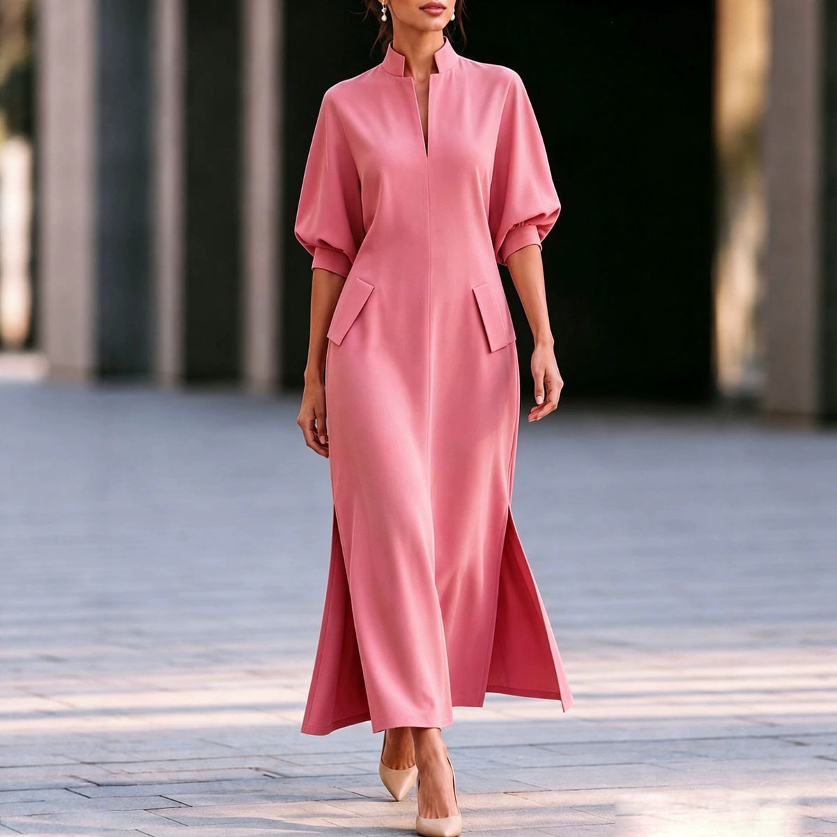 Elegant Mandarin Collar Balloon Sleeve Slit Maxi Dress