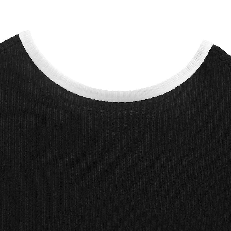 Open Back Bow Tie Contrast Ribbed Long Sleeve Top