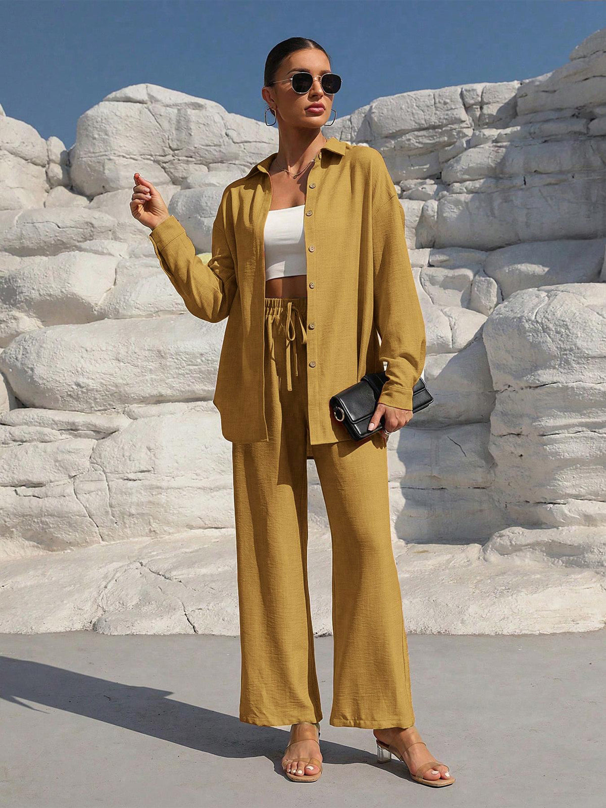 Womens Solid Two Piece Set Button Shirt Wide Leg Pants