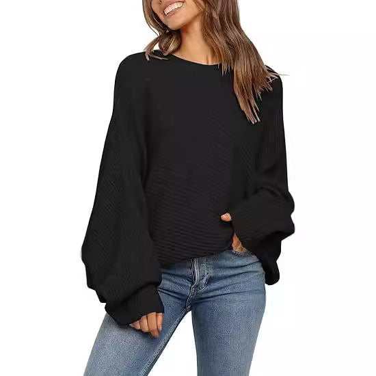 Women's Oversized Batwing Sleeve Crew Neck Knit Sweater