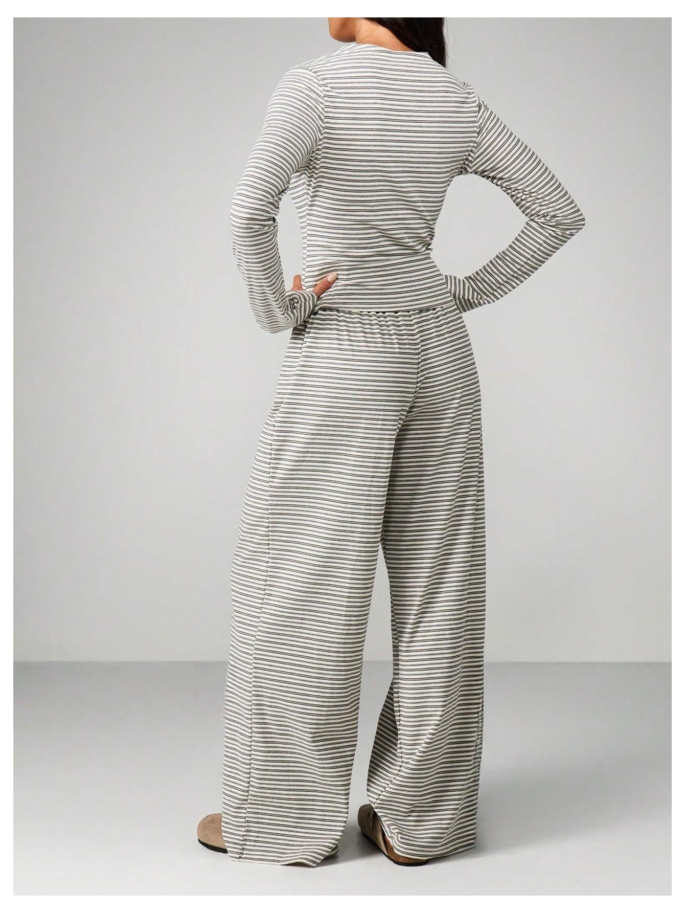 Striped Long Sleeve Top & Wide Leg Pants Two Piece Set