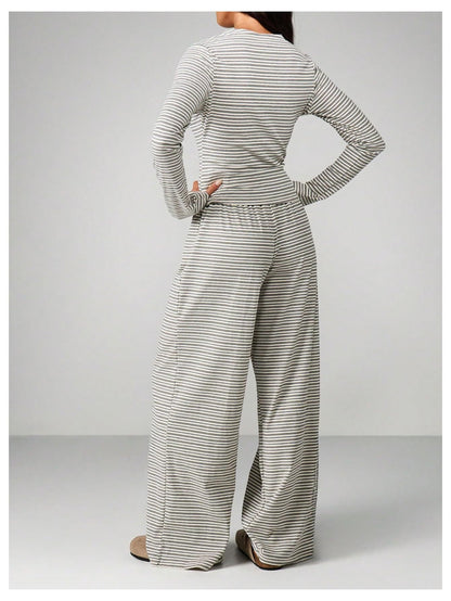 Striped Long Sleeve Top & Wide Leg Pants Two Piece Set