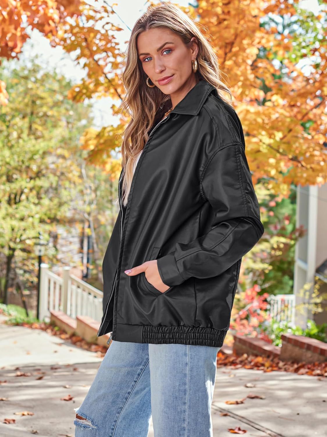Women's Oversized Faux Leather Moto Jacket Zip Up