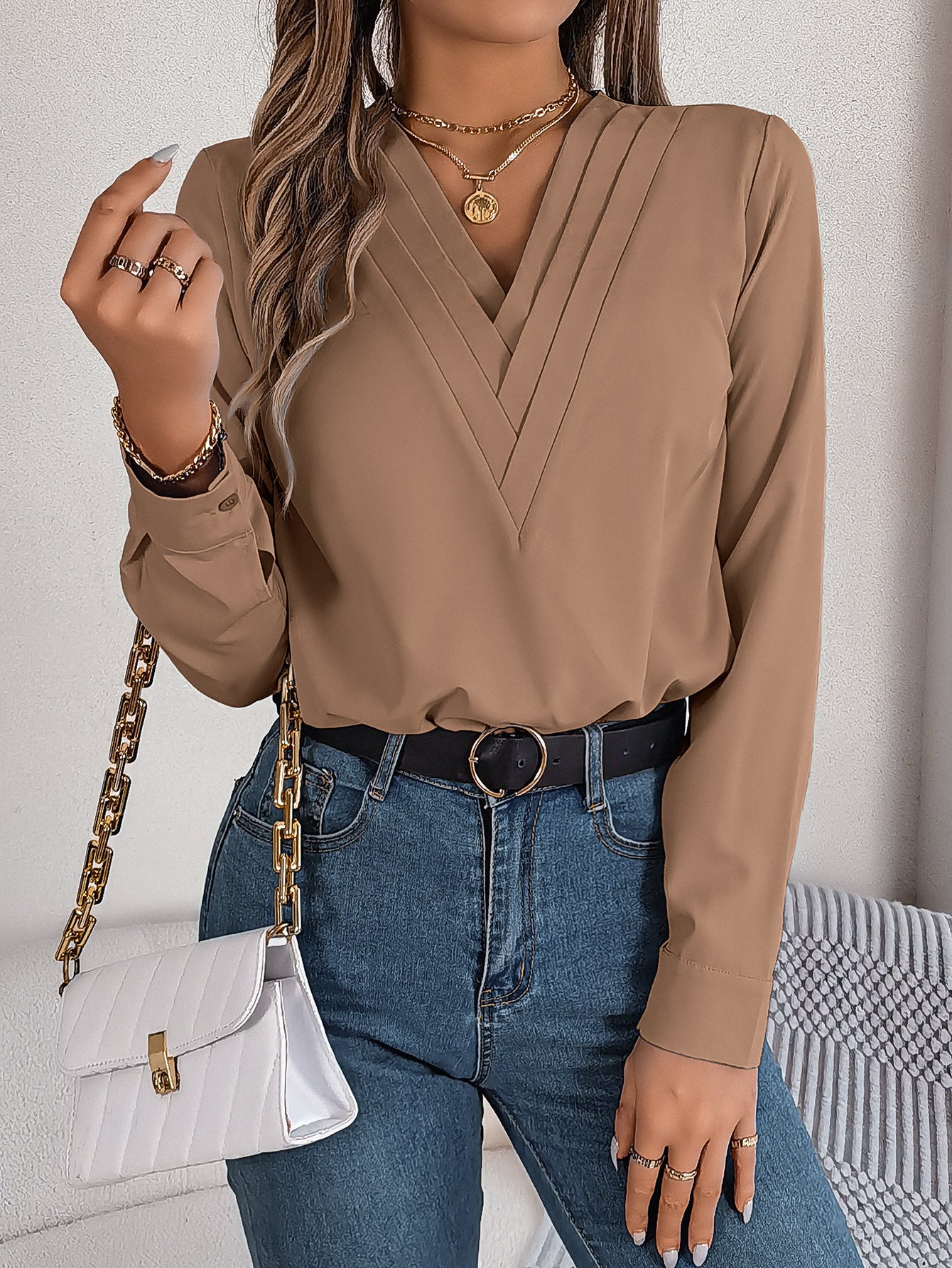 Elegant Layered V-Neck Long Sleeve Blouse – 2025 Fall/Winter