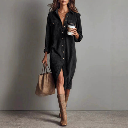 Women's Corduroy Shirt Dress Long Sleeve Button Down Midi