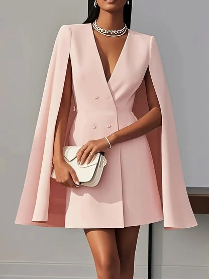 Womens Cape Blazer Dress Double Breasted V-Neck Mini