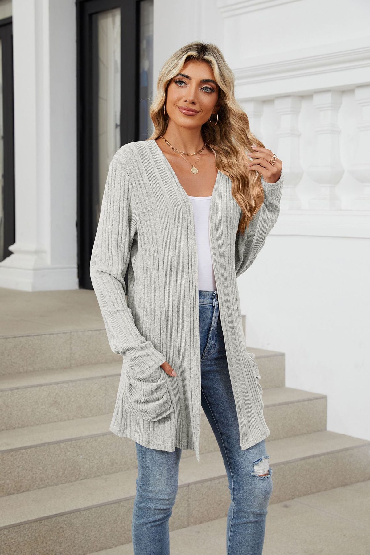 Women's Long Sleeve Ribbed Open Front Cardigan Pockets