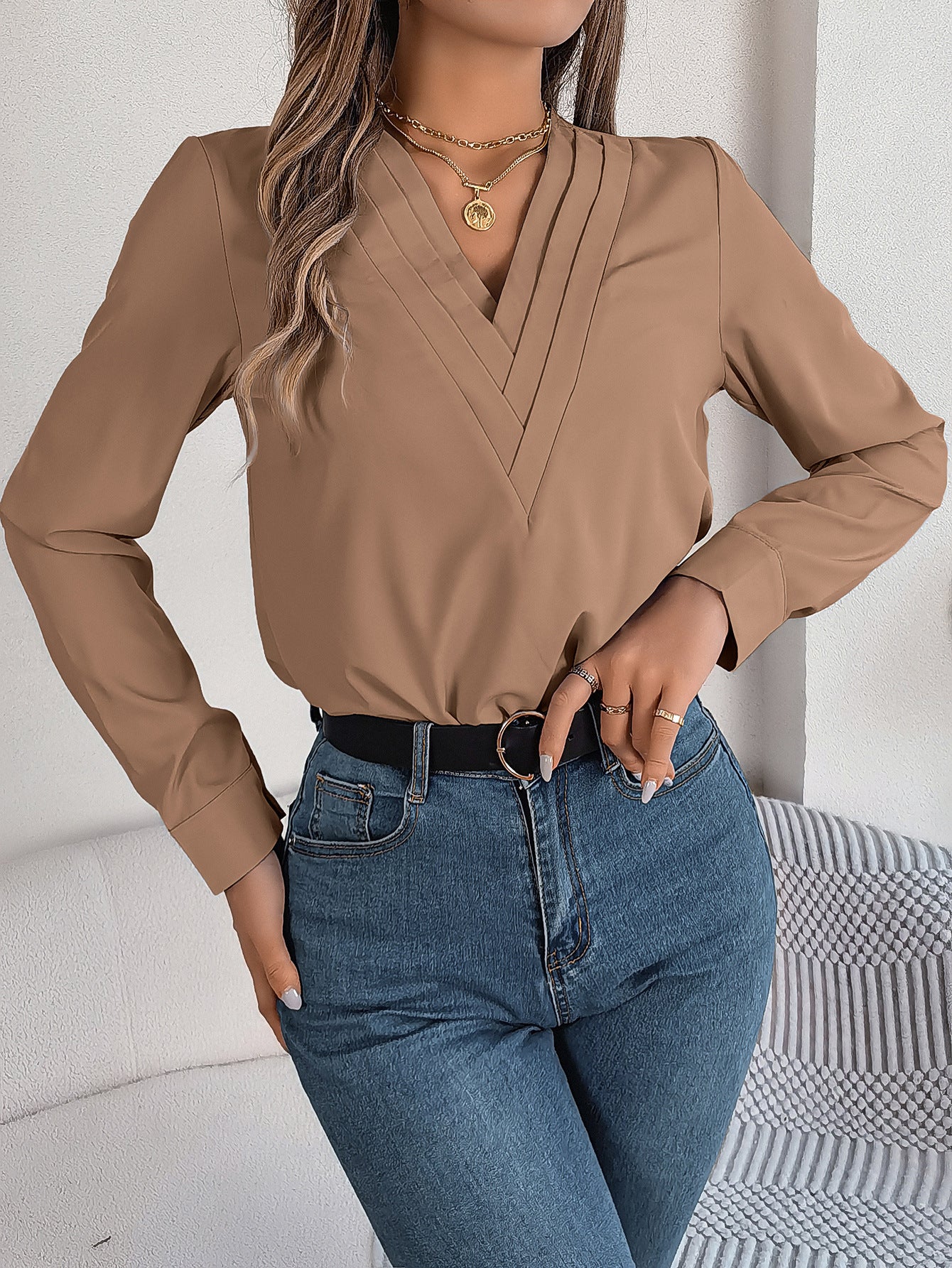 Elegant Layered V-Neck Long Sleeve Blouse – 2025 Fall/Winter